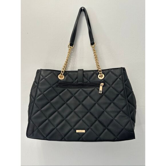 ALDO Black Quilted Gold Chain Tote | Chic Structured Shoulder Handbag - Picture 2 of 12